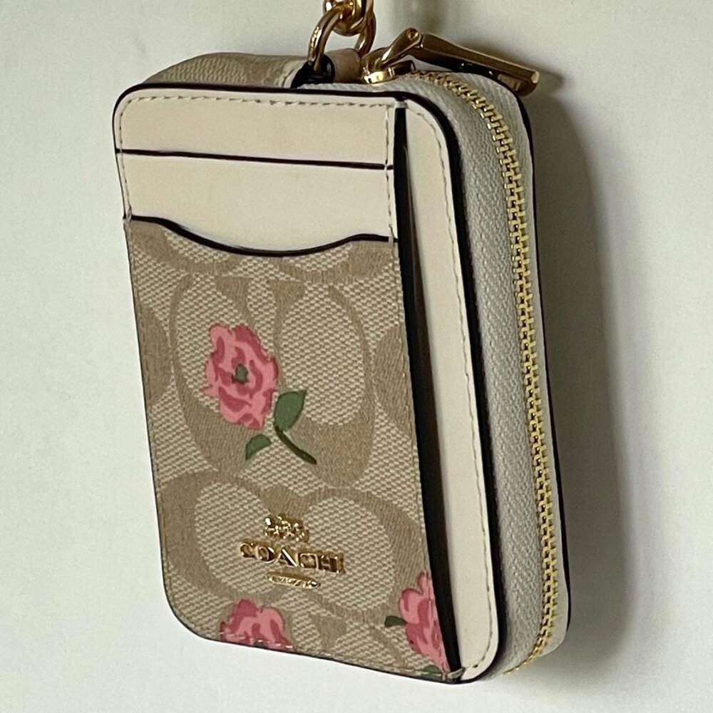 Coach Zip Card Case Pink Floral CR971 ID Wallet Beige Canvas Leather Chain Strap - Picture 6 of 7